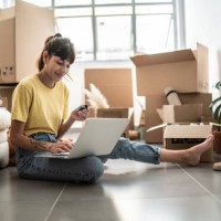 young woman doing an online shopping for new home - home decoration stock pictures, royalty-free photos & images