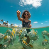 young woman feeding fish on tropical beach - travel stock pictures, royalty-free photos & images