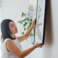 young woman hanging picture frame on wall - home decoration stock pictures, royalty-free photos & images