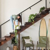 young woman on stairs in a loft caring for potted plant - home decoration stock pictures, royalty-free photos & images