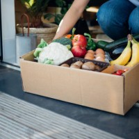 young woman receiving fresh food home delivery - junk food stock pictures, royalty-free photos & images