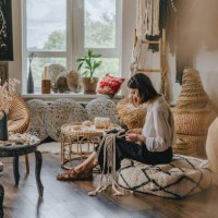 young woman weaving macrame at workshop - home decoration stock pictures, royalty-free photos & images