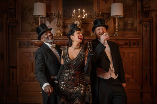 1920s style male and female friends in a luxury stately home setting - fashion stock pictures, royalty-free photos & images