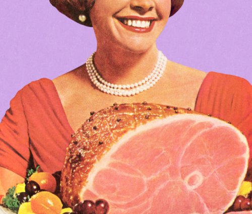 1950's housewife holding a ham dinner, smiling - food stock illustrations