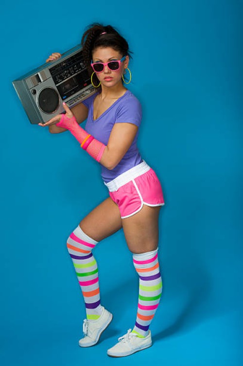 1980's girl with ghetto blaster - fashion stock pictures, royalty-free photos & images