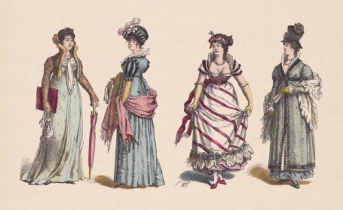 19th century, 1st decade, women's clothes, hand-colored woodcuts, published c.1880 - fashion stock illustrations