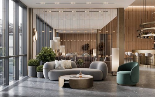 3d-rendering einer hotelwartelounge mit sofa und sessel - fashion stock-fotos und bilder