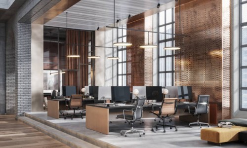 3d beeld van een grote coworking kantoorruimte - home decoration stockfoto's en -beelden
