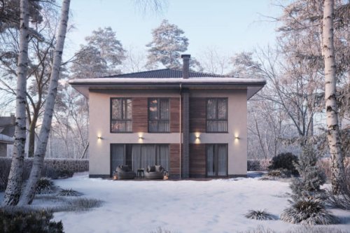 3d render of a bungalow surrounded by trees on a winter day - garden decoration stockfoto's en -beelden