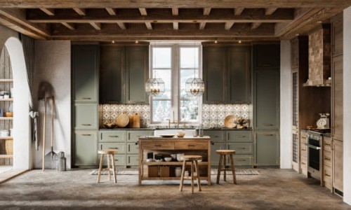 3d render of simple kitchen design in winter cottage - home decoration stock pictures, royalty-free photos & images