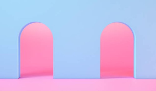 3d rendering blue arch gate pink floor background - home decoration stock pictures, royalty-free photos & images