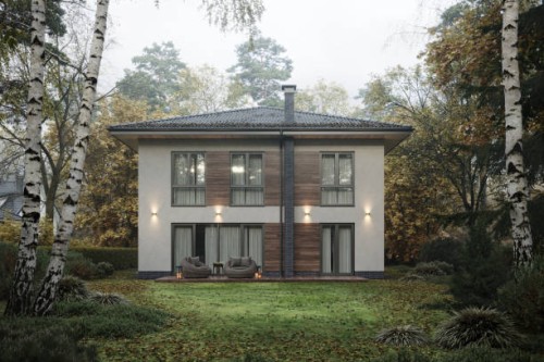 3d rendering of a house with large garden and lawn in backyard - garden decoration stock pictures, royalty-free photos & images