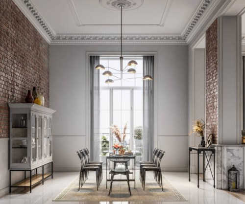 3d rendering of dining area in luxury home - home decoration stock pictures, royalty-free photos & images