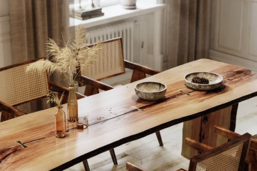 3d rendering of rough edge plank dining table - home decoration stock pictures, royalty-free photos & images