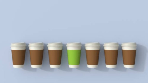 3d rendering, row of disposable coffee cups with a green outsider - junk food stock illustrations