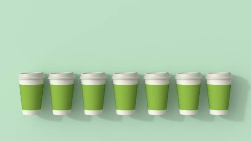 3d rendering, row of green disposable coffee cups - junk food stock illustrations