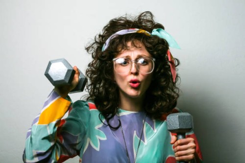 80s workout woman lifting weights, 80s woman exercising, woman lifting barbells - fashion stock pictures, royalty-free photos & images