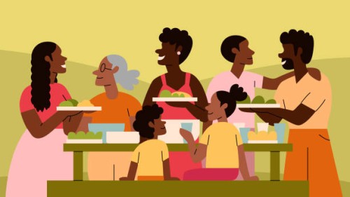 a black multigenerational family and friends enjoy a picnic together outside - food stock illustrations