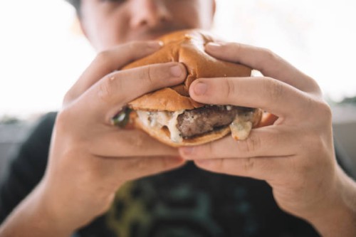 a boy eating a delicious burger in a restaurant - junk food stock pictures, royalty-free photos & images