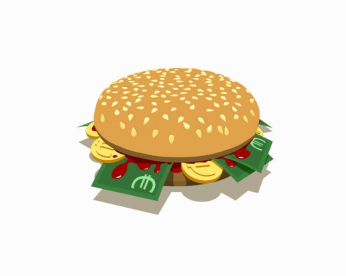 a burger with euro banknotes and coins inside - junk food stock illustrations