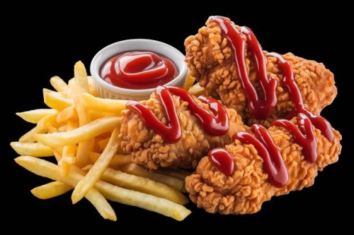 a delectable meal of crispy fried chicken pieces,golden-yellow french fries,and a small bowl of red ketchup - junk food stock pictures, royalty-free photos & images