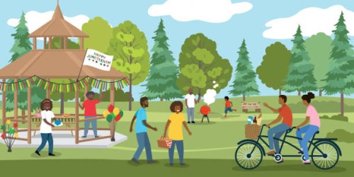 a group of people celebrating the juneteenth holiday in the park - garden decoration stock illustrations
