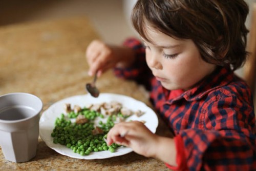 a little boy eating peas for the lunch - food stock pictures, royalty-free photos & images
