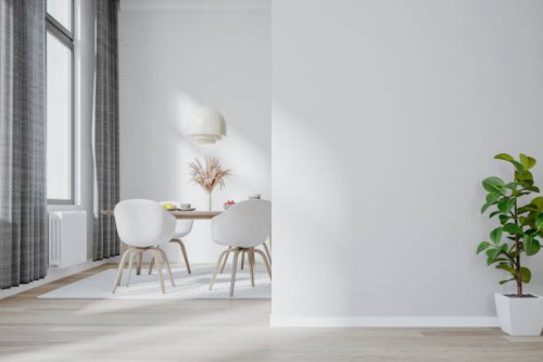 a luxury modern (scandinavian style) dining room with a potted plant in front of a white blank wall and dining table and chairs, windows in the background - home decoration stock pictures, royalty-free photos & images