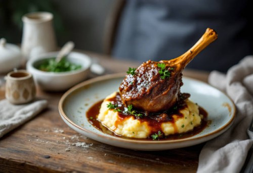 a medium shot of a plate with a braised lamb shank on top of mashed potatoes - food stock pictures, royalty-free photos & images
