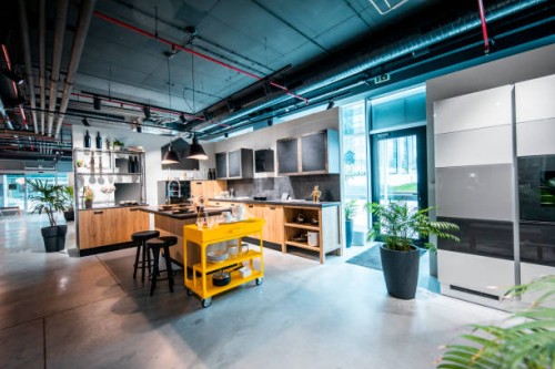 a modern interior kitchen design set up in a home improvement store - home decoration stock pictures, royalty-free photos & images