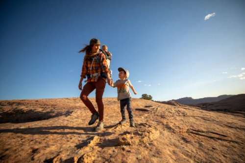 a mother and hiking with her two kids. - travel stock pictures, royalty-free photos & images