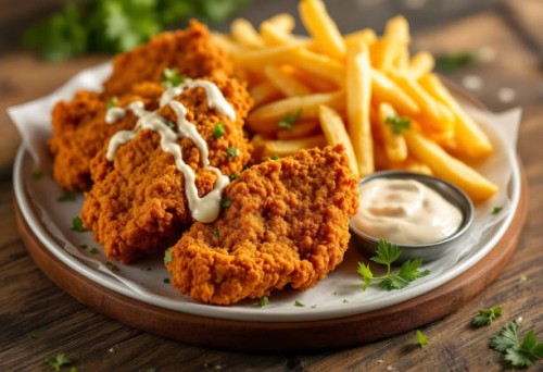 a plate with chunks of fried chicken,a creamy dressing,and fries - junk food stock pictures, royalty-free photos & images