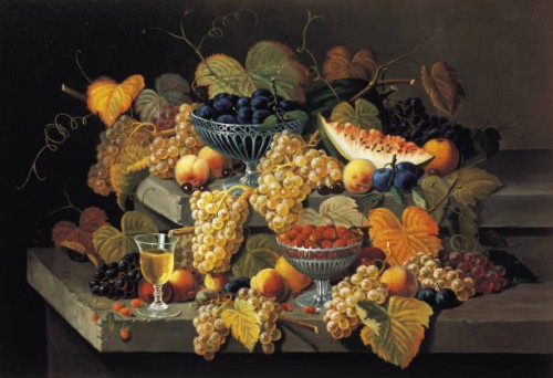a still life of melon, cherries and strawberries - food stock illustrations