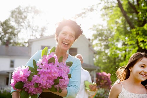 a summer family gathering at a farm. a woman carrying a large bunch of rhododendron flowers, smiling broadly. - garden decoration stock pictures, royalty-free photos & images