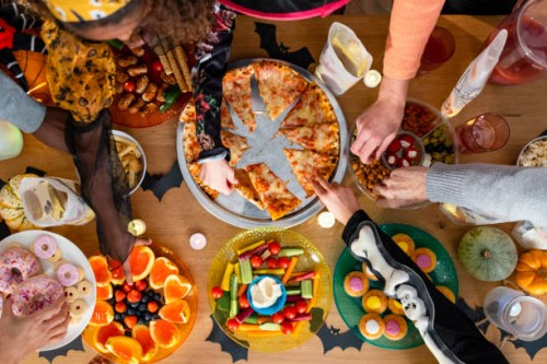 a tasty halloween buffet - food stockfoto's en -beelden