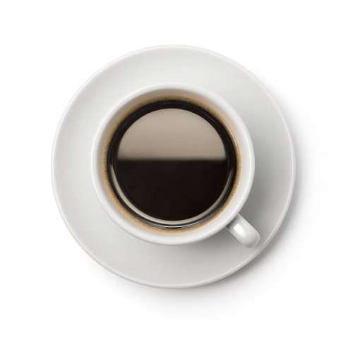 a top-down picture of a cup of coffee on a plate - coffee stock pictures, royalty-free photos & images