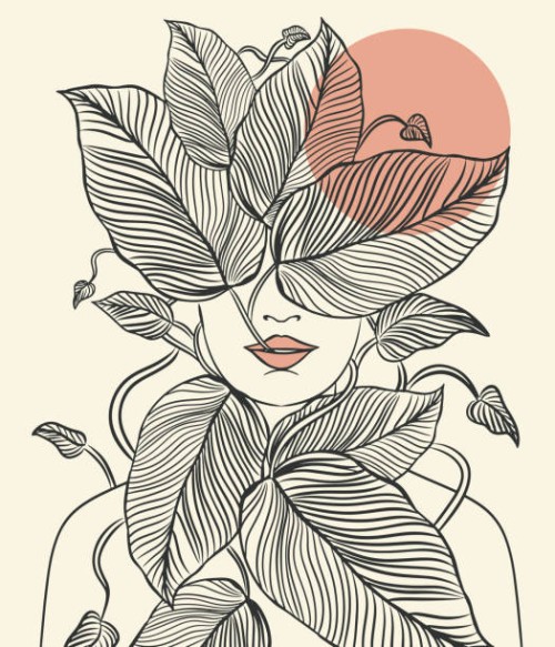 a woman covered with leaves, integrated with them. minimal line work. - fashion stock illustrations