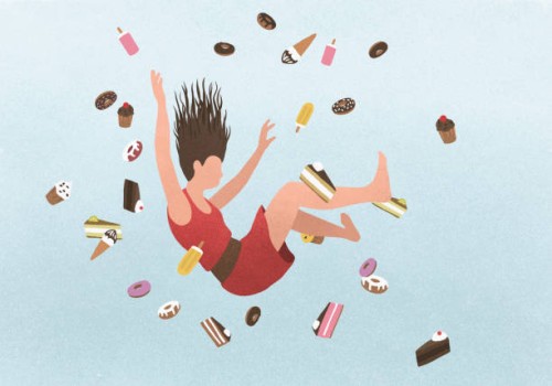 a woman falling amongst sweet junk food - junk food stock pictures, royalty-free photos & images