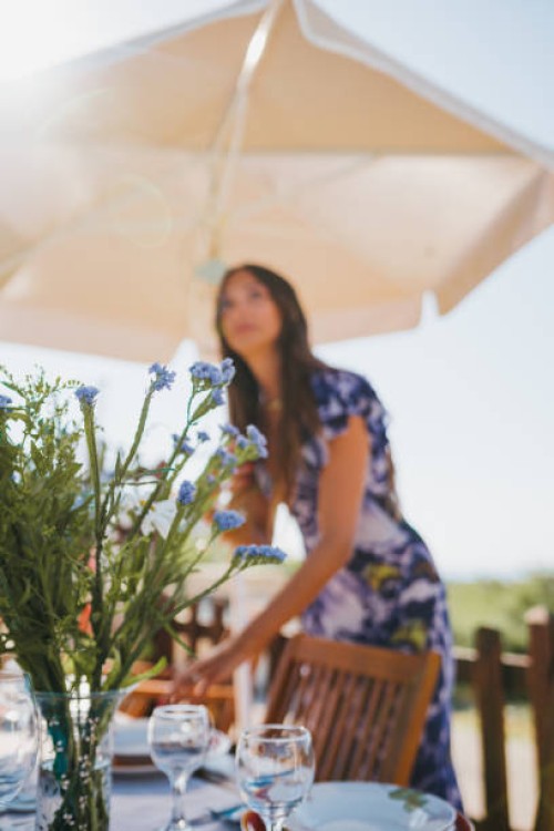 a woman sets the table for lunch - garden decoration stock pictures, royalty-free photos & images