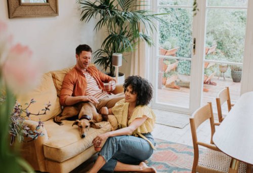a young, interracial couple relax together in a living room with their lurcher dog - home decoration stock pictures, royalty-free photos & images