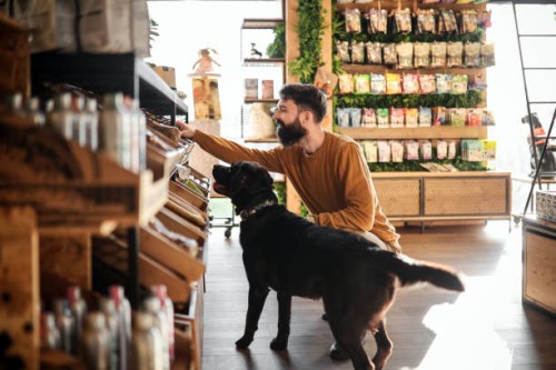 a young man and his pup at the pet shop - food stock pictures, royalty-free photos & images