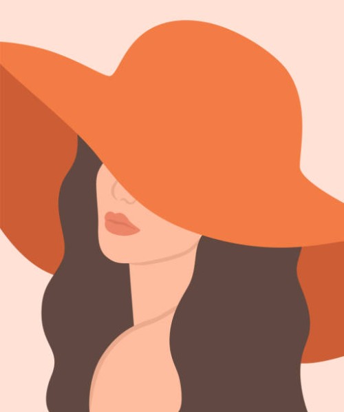 abstract beautiful woman portrait with orange hat covering her face - fashion stock illustrations