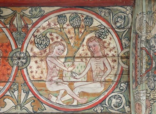 Adam and Eve in the Garden of Eden, decoration from the Al Stavkirke , fresco. Norway, late 13th century. ; Oslo, Kulturhistorisk Museum...