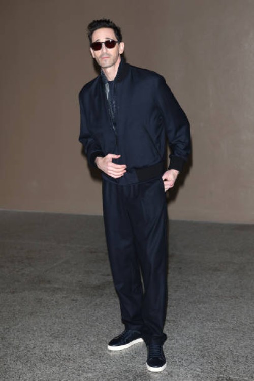 Adrien Brody arrives at the Giorgio Armani fashion show during the Milan Menswear Fall/Winter 2025 - 2026 Fashion Week on January 20, 2025 in Milan,...