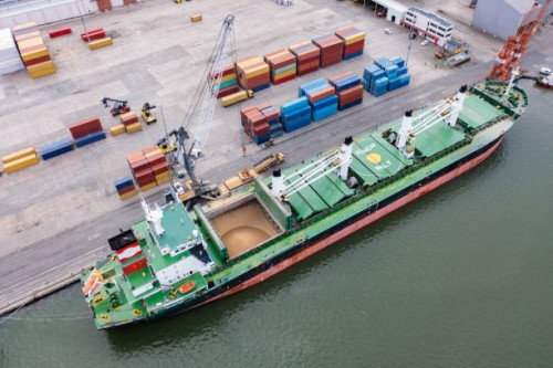 aerial view of a large cargo ship loading grain. - food stock pictures, royalty-free photos & images