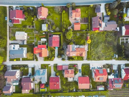 aerial view of a suburban neighborhood - garden decoration stock pictures, royalty-free photos & images