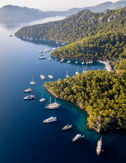 aerial view of sarsala bay in dalaman - gocek, turkiye - travel stock pictures, royalty-free photos & images