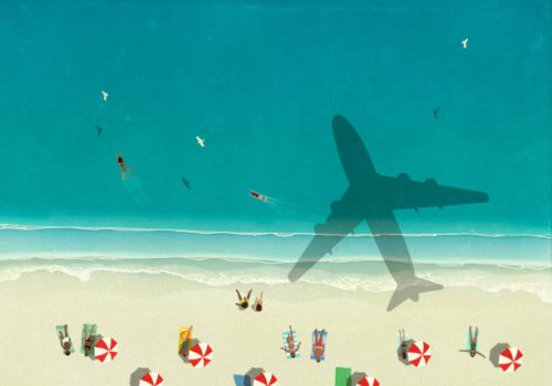 aerial view shadow of airplane flying over tourists on sunny ocean beach - travel stock illustrations