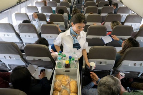 air hostess serving food and drinks onboard - food stock pictures, royalty-free photos & images
