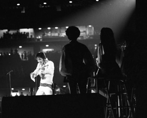 American singer Elvis Presley in concert, circa 1970.